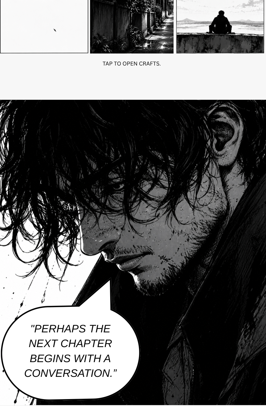 Monochrome manga illustration with the quote Perhaps the next chapter begins with a conversation.