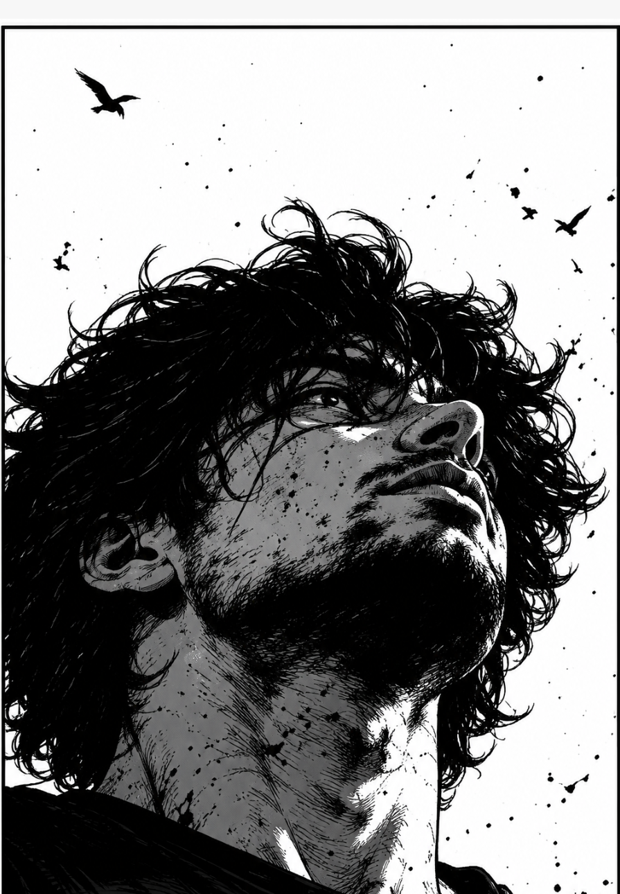 Black-and-white manga portrait looking up toward the sky