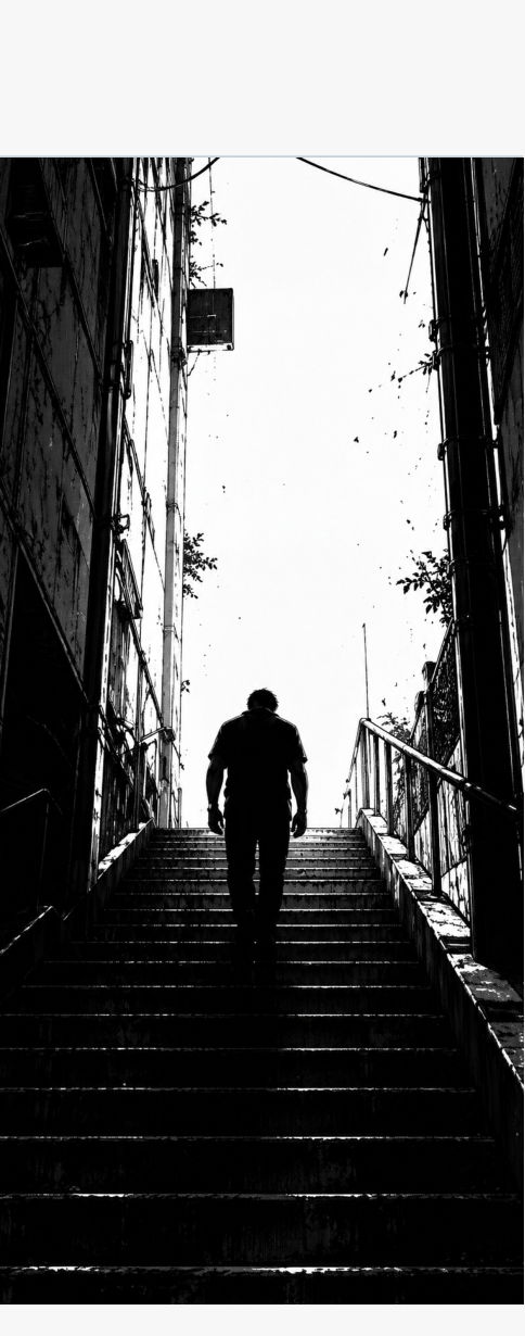 A lone figure ascending a narrow urban stairway